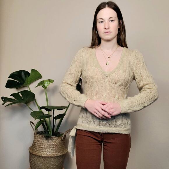 Vintage Sweaters - Vintage Y2K Tan Gold Sparkle Metallic Cableknit Vneck Sweater Womens Small